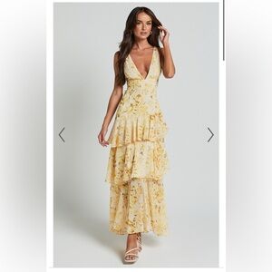 Showpo. BERYL MIDI DRESS - DEEP V NECK SLEEVELESS LAYERED DRESS IN YELLOW FLORAL